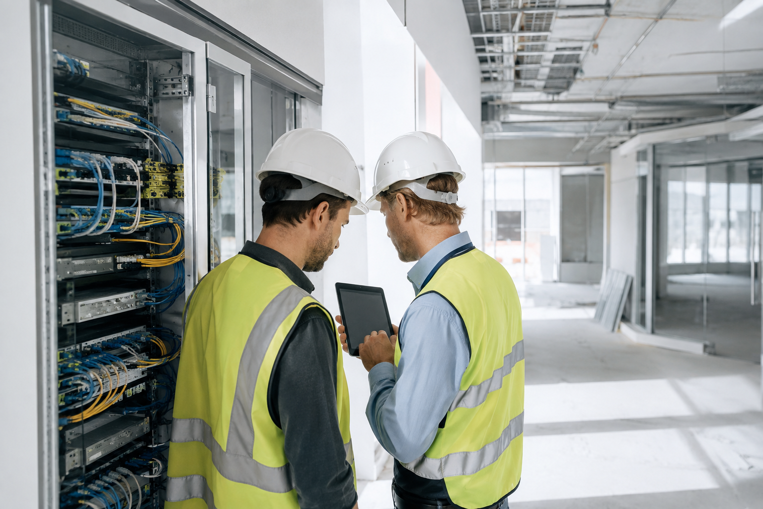 مهندسون يراجعون خطة تنفيذ بجوار تجهيزات شبكات